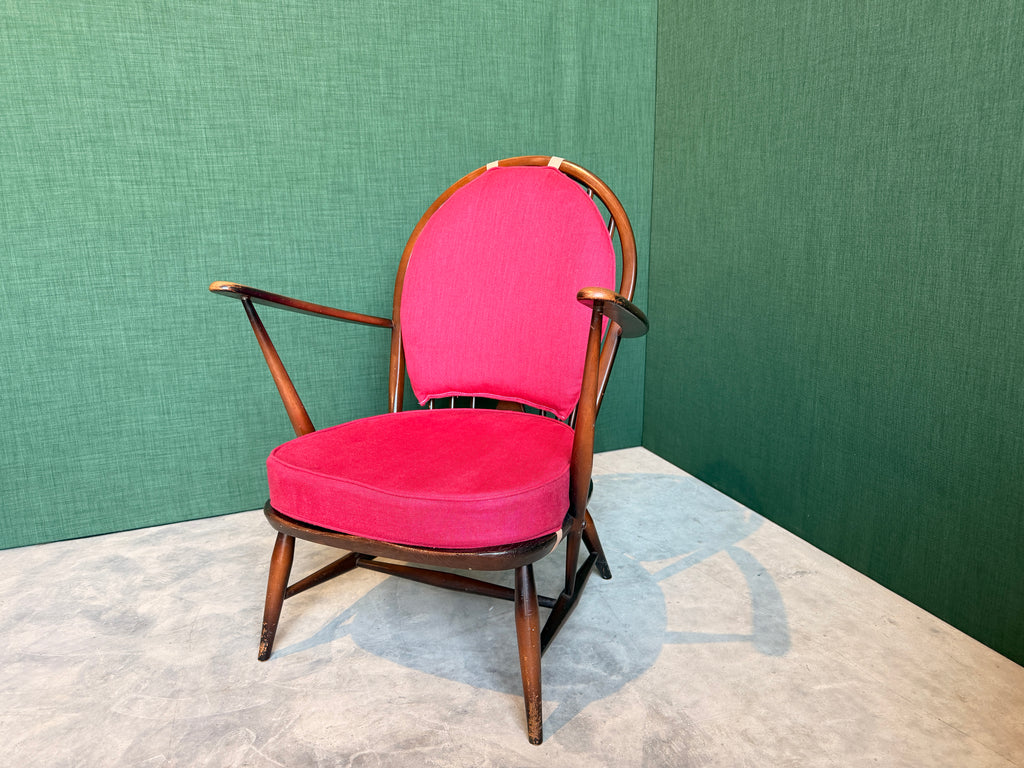 Ercol Windsor Fleur-de-Lys Tub Armchair Dark Wood and New Upholstery