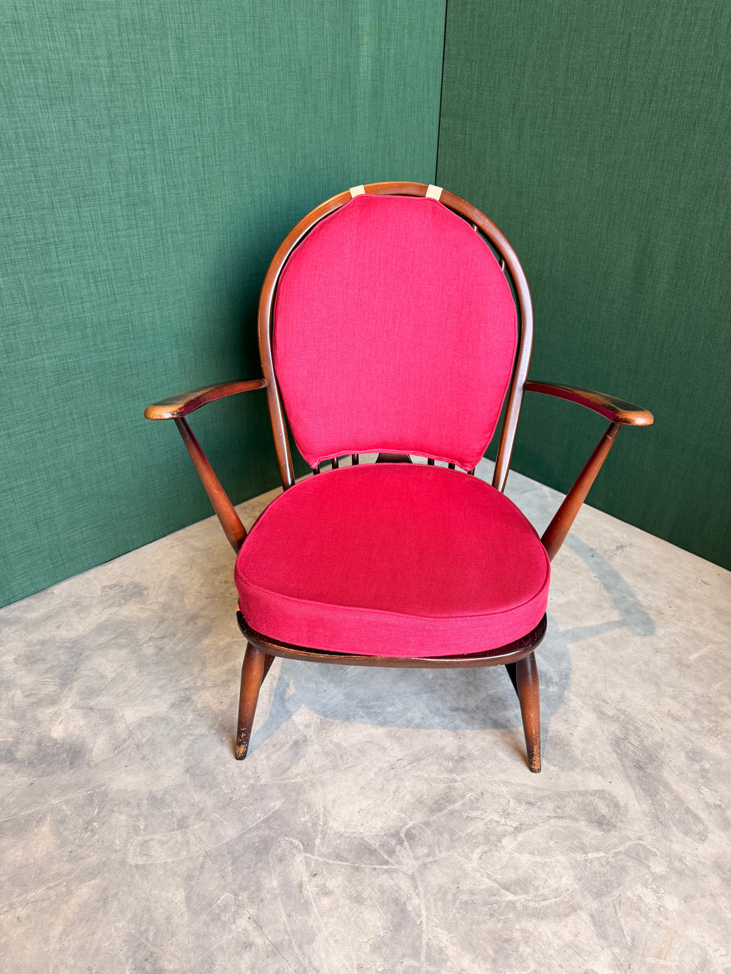 Ercol Windsor Fleur-de-Lys Tub Armchair Dark Wood and New Upholstery