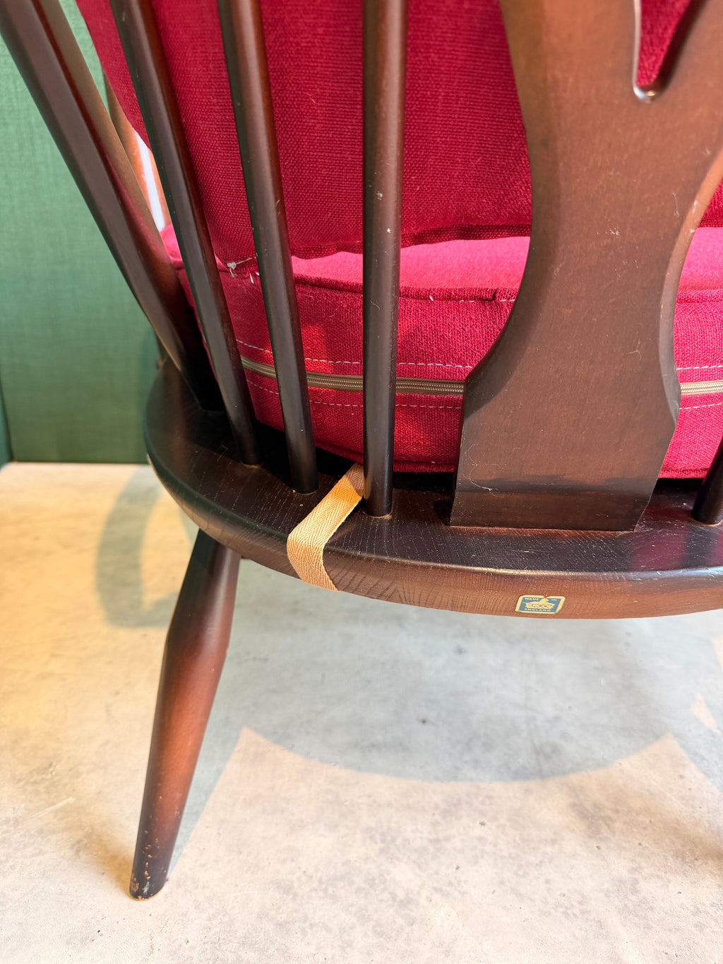Ercol Windsor Fleur-de-Lys Tub Armchair Dark Wood and New Upholstery
