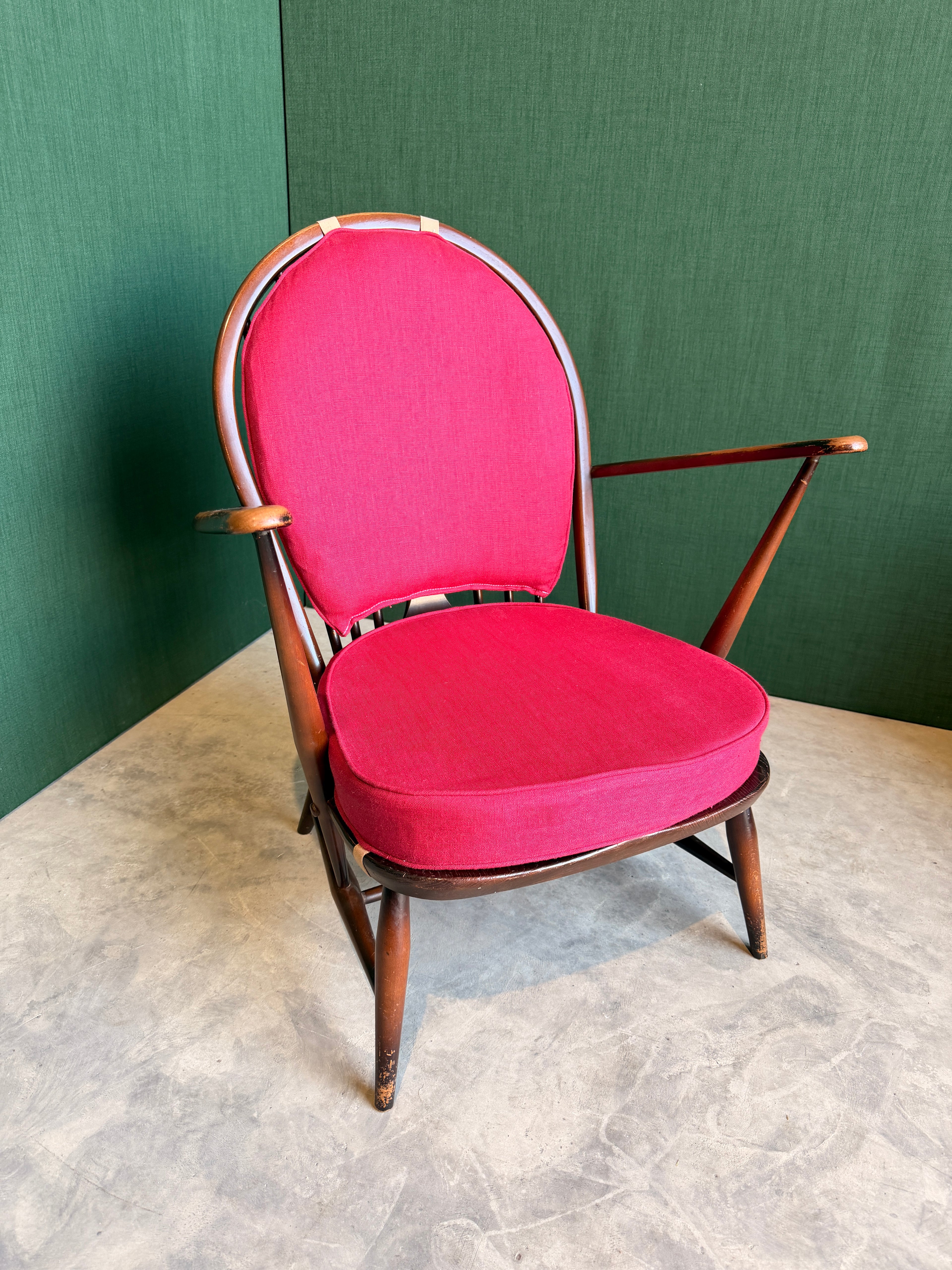 Ercol Windsor Fleur-de-Lys Tub Armchair Dark Wood and New Upholstery