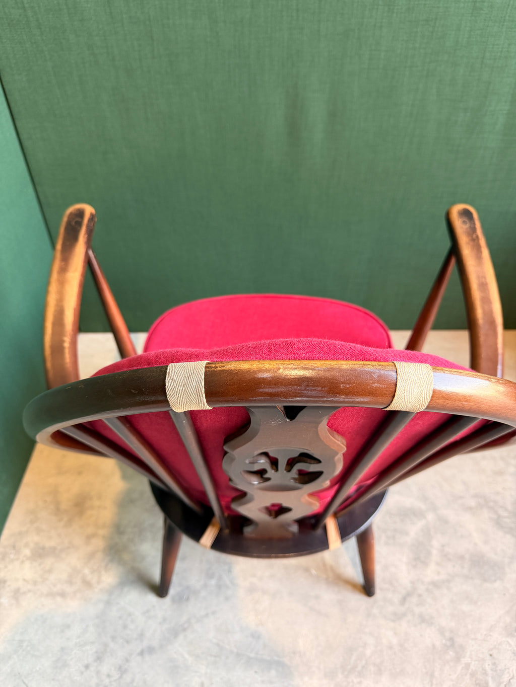 Ercol Windsor Fleur-de-Lys Tub Armchair Dark Wood and New Upholstery