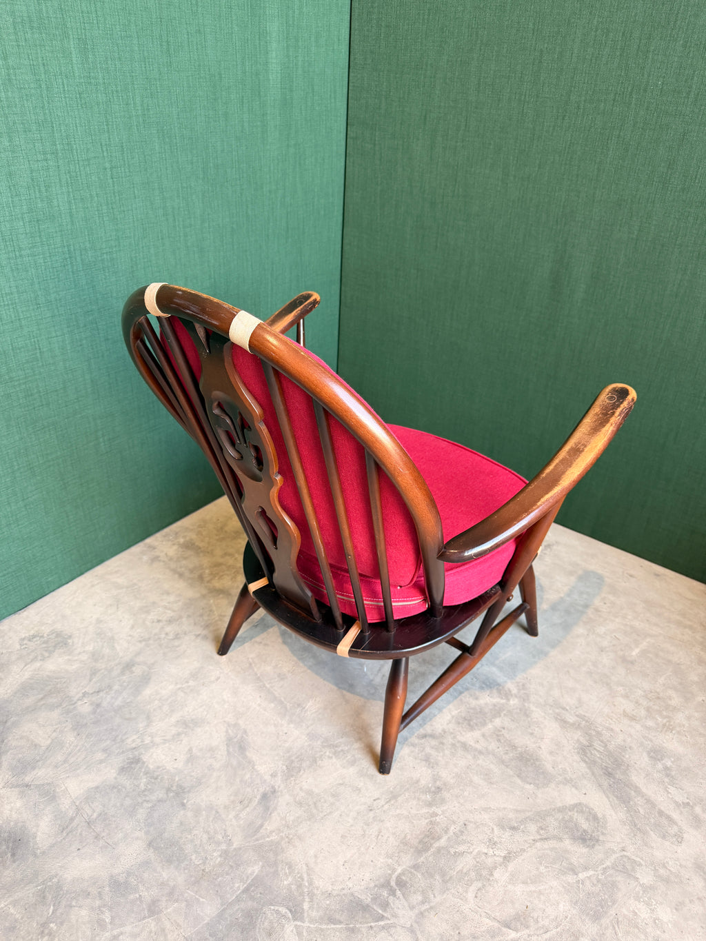 Ercol Windsor Fleur-de-Lys Tub Armchair Dark Wood and New Upholstery