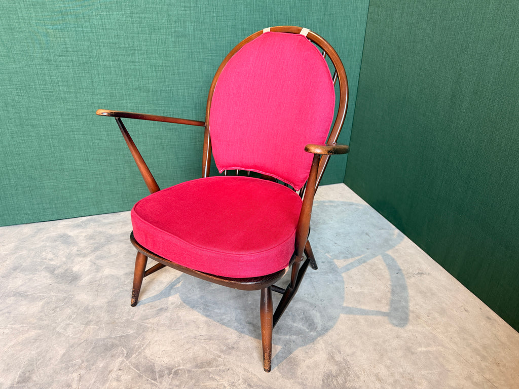Ercol Windsor Fleur-de-Lys Tub Armchair Dark Wood and New Upholstery