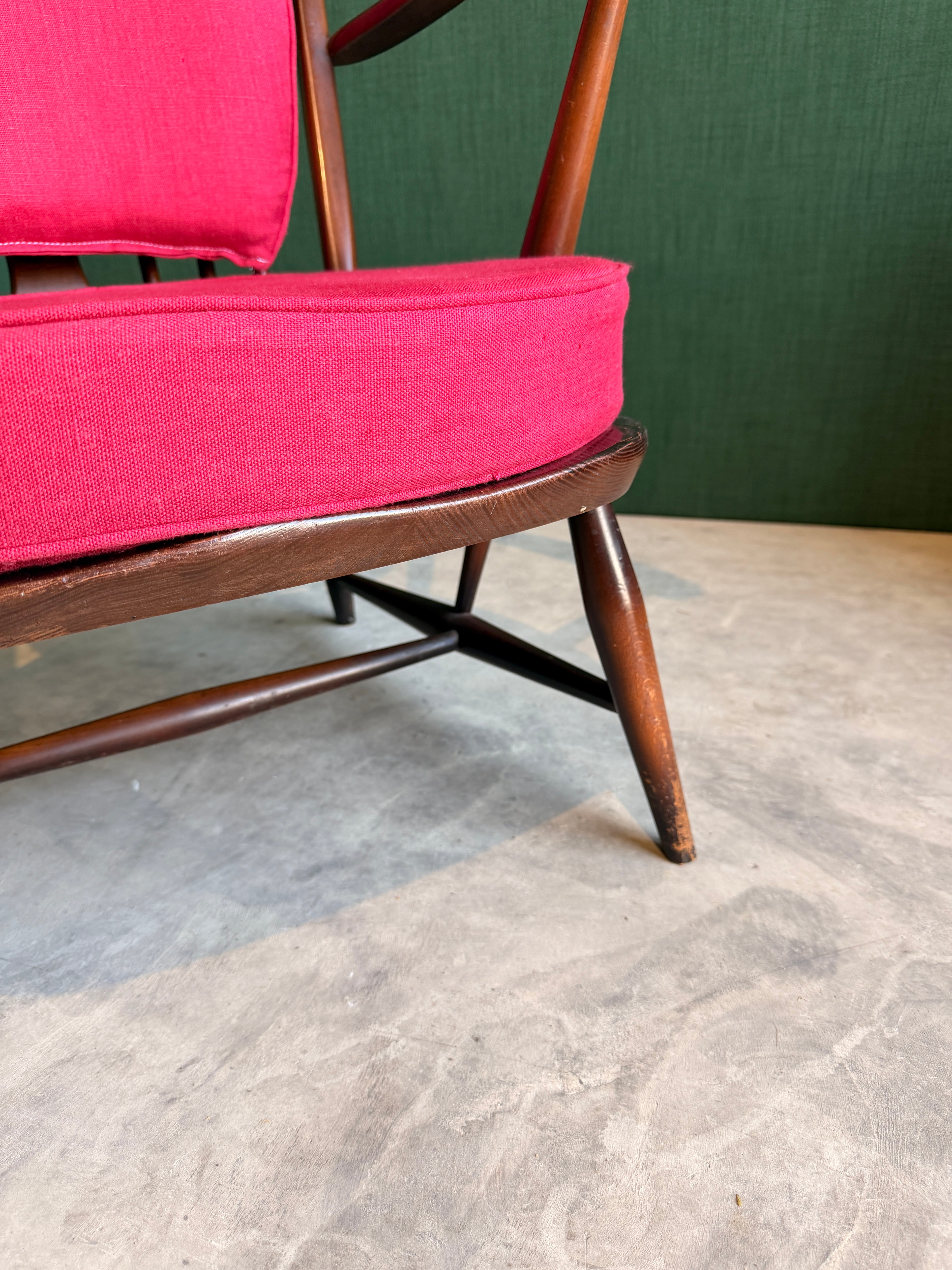 Ercol Windsor Fleur-de-Lys Tub Armchair Dark Wood and New Upholstery