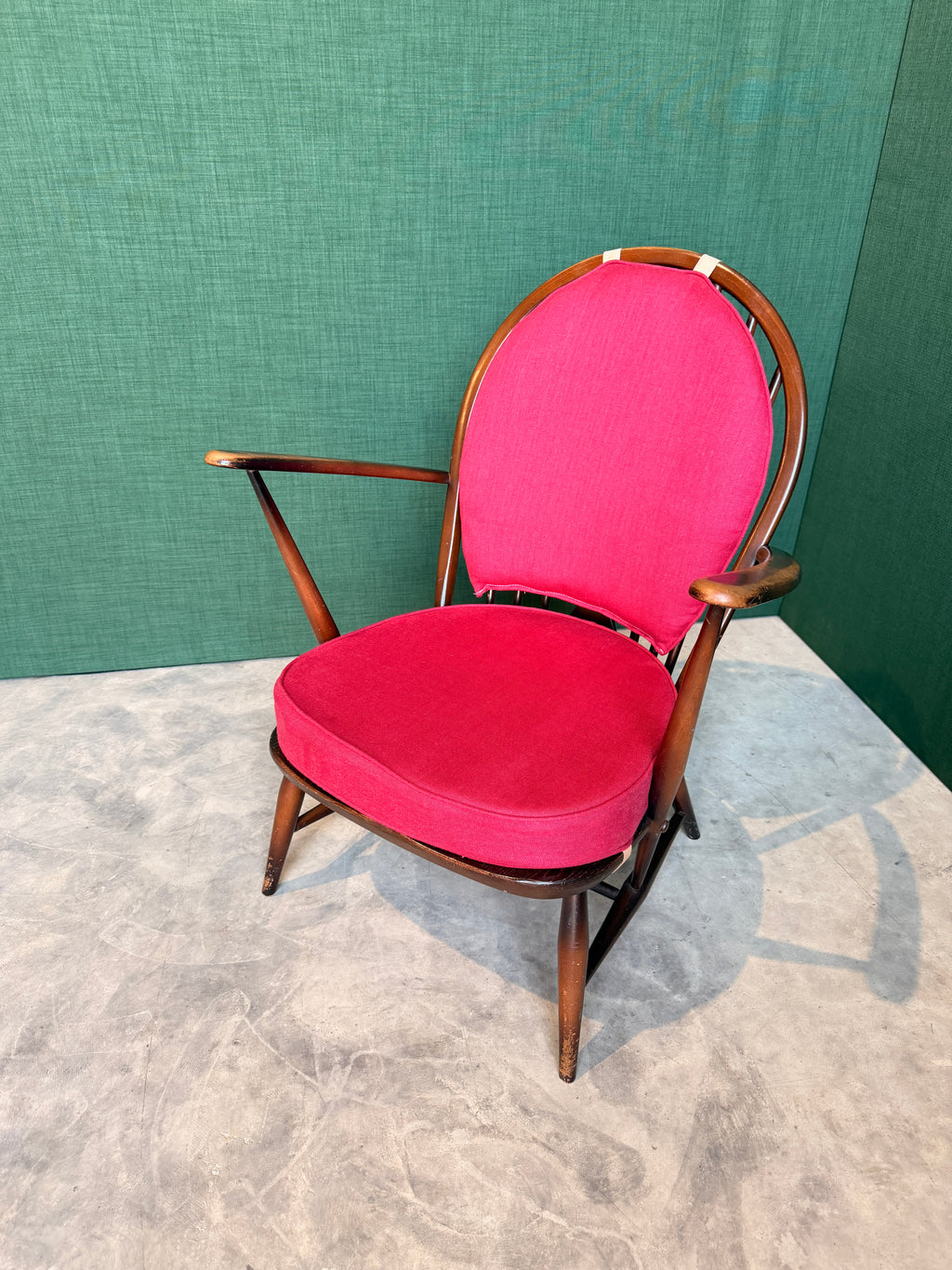 Ercol Windsor Fleur-de-Lys Tub Armchair Dark Wood and New Upholstery