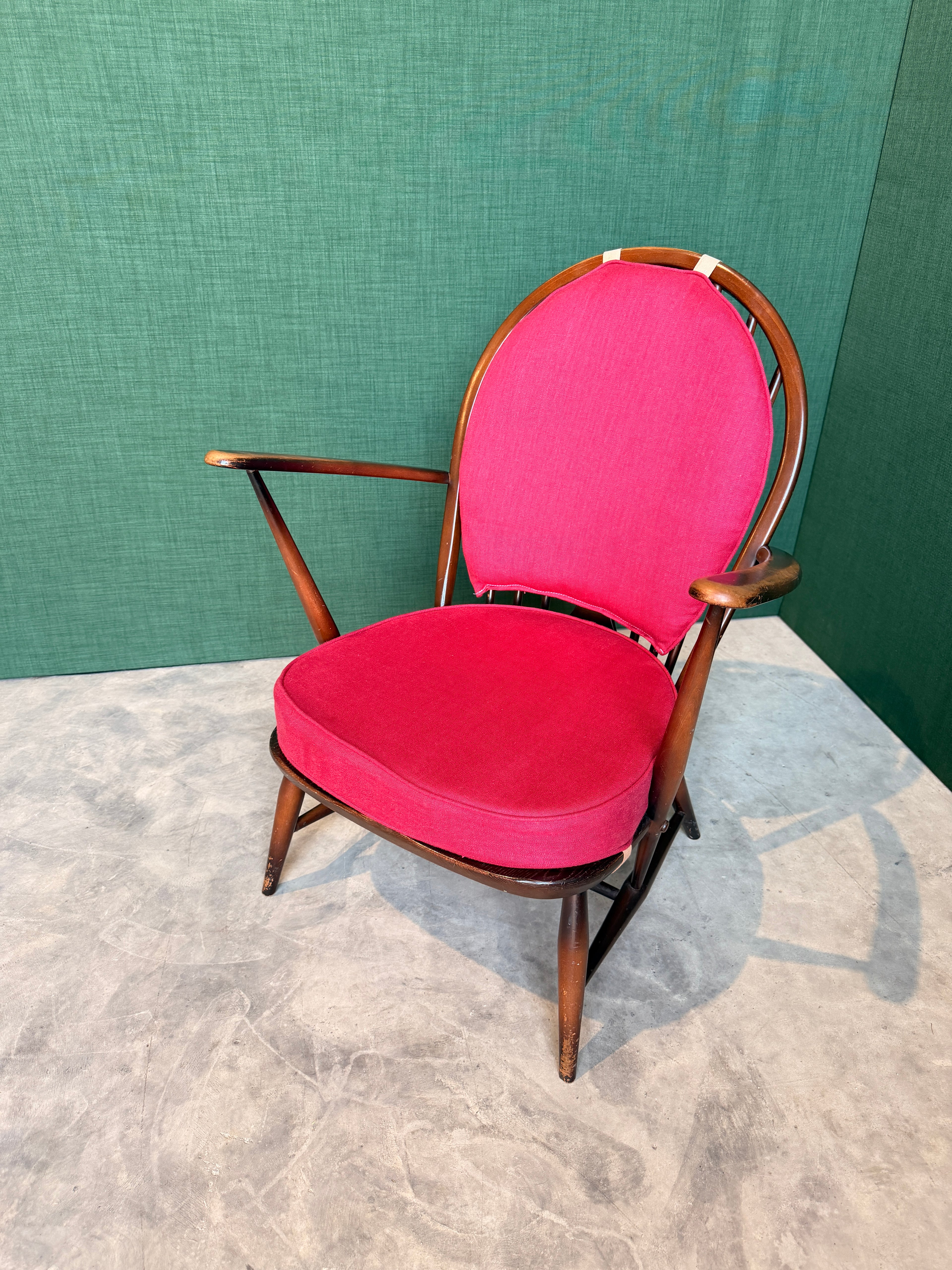 Ercol Windsor Fleur-de-Lys Tub Armchair Dark Wood and New Upholstery