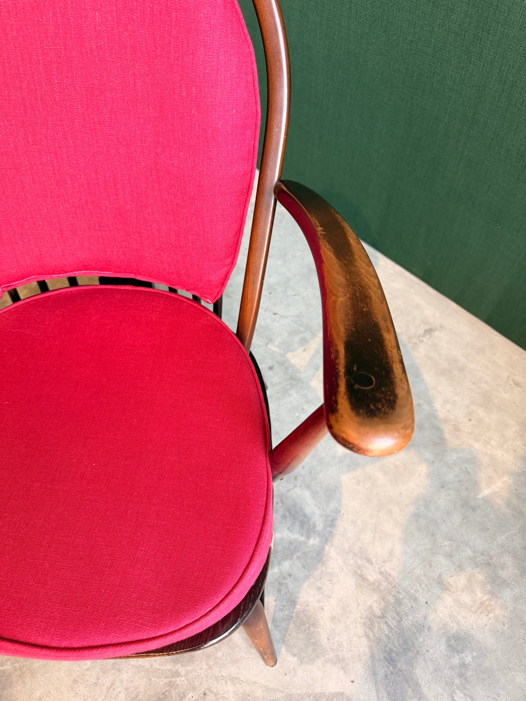 Ercol Windsor Fleur-de-Lys Tub Armchair Dark Wood and New Upholstery