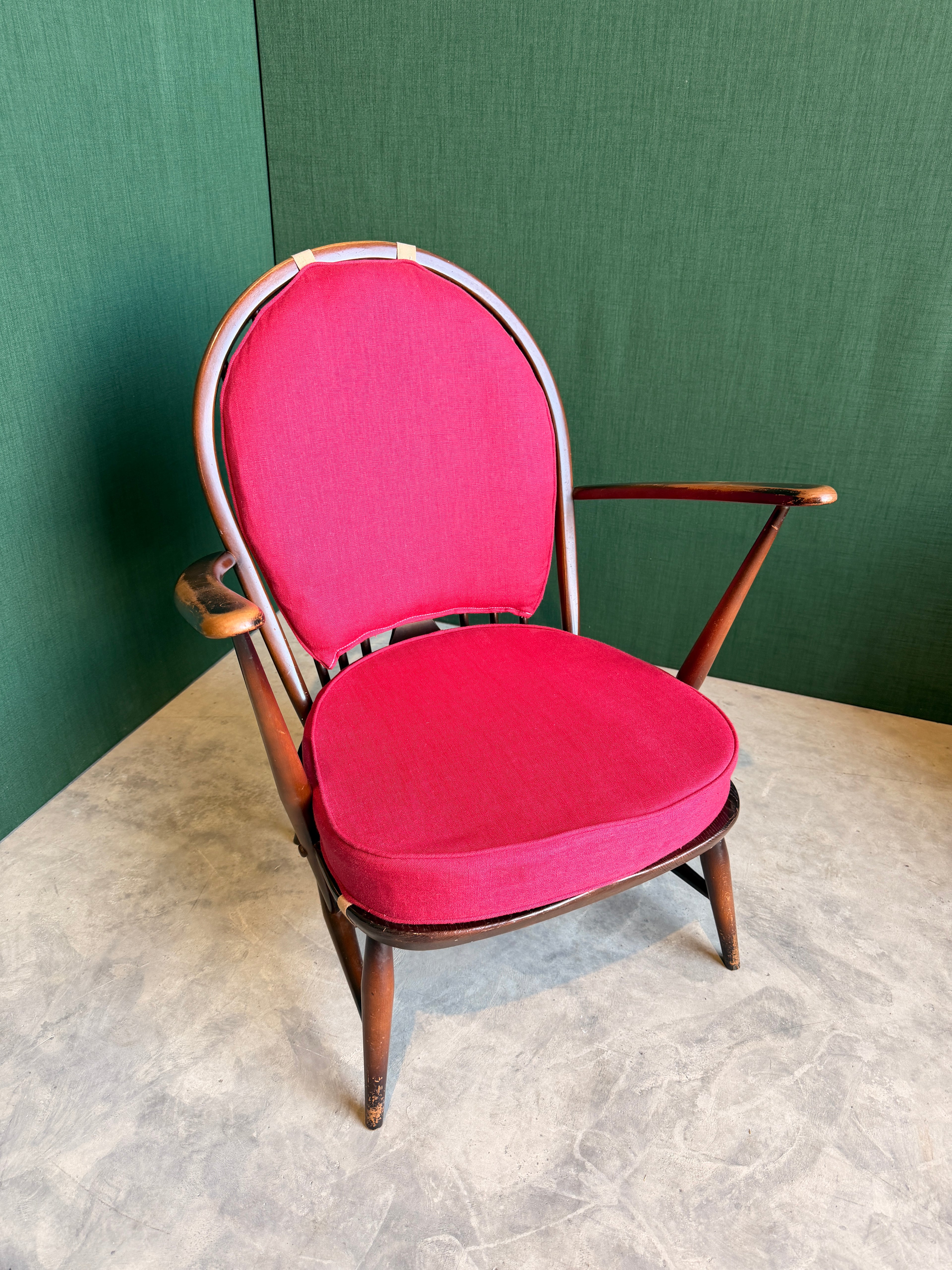 Ercol Windsor Fleur-de-Lys Tub Armchair Dark Wood and New Upholstery