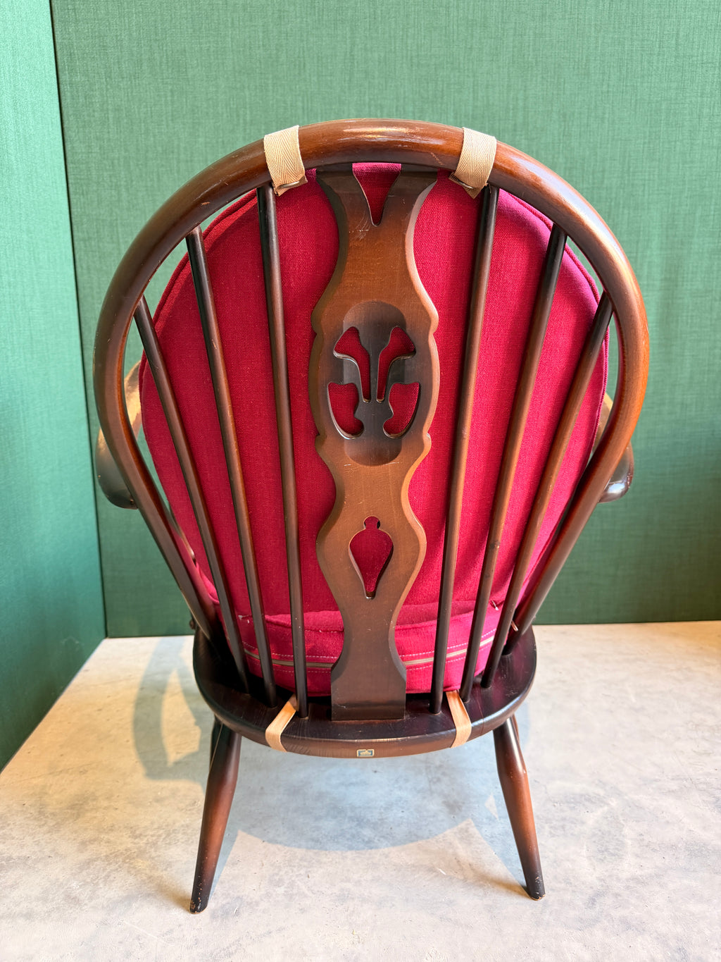Ercol Windsor Fleur-de-Lys Tub Armchair Dark Wood and New Upholstery