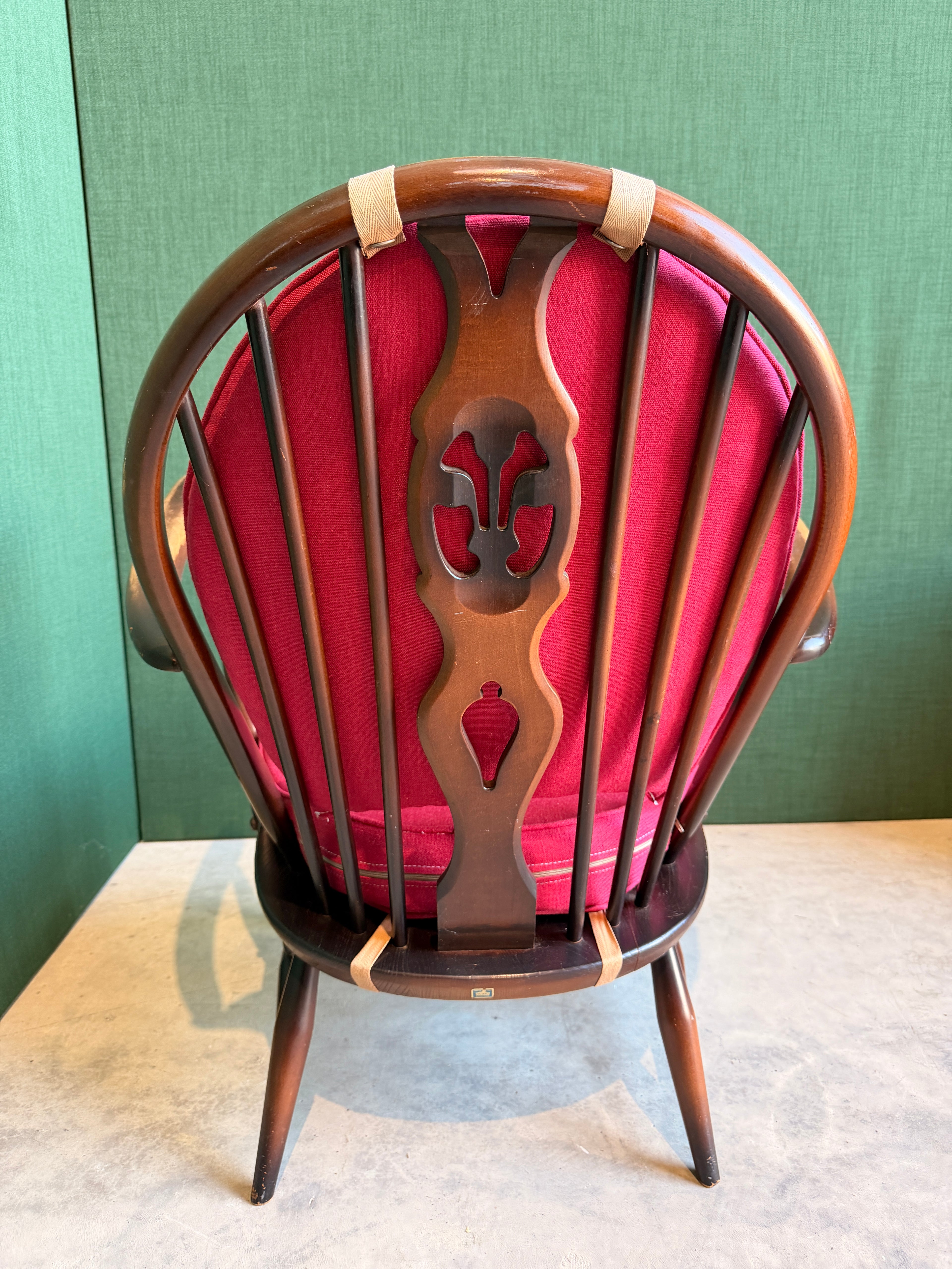 Ercol Windsor Fleur-de-Lys Tub Armchair Dark Wood and New Upholstery