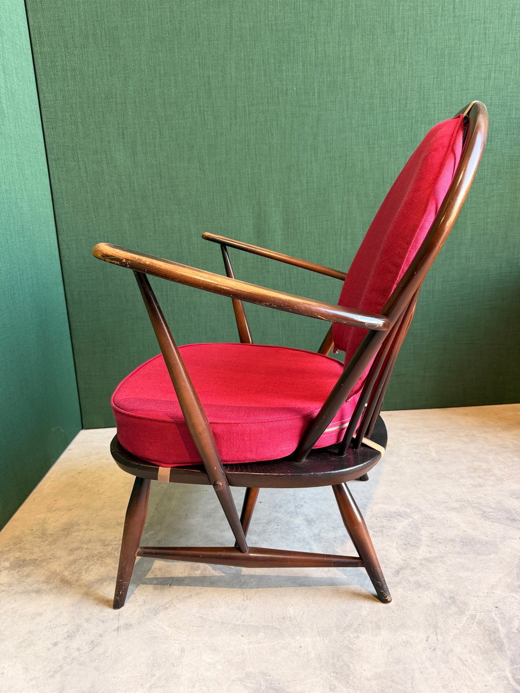 Ercol Windsor Fleur-de-Lys Tub Armchair Dark Wood and New Upholstery