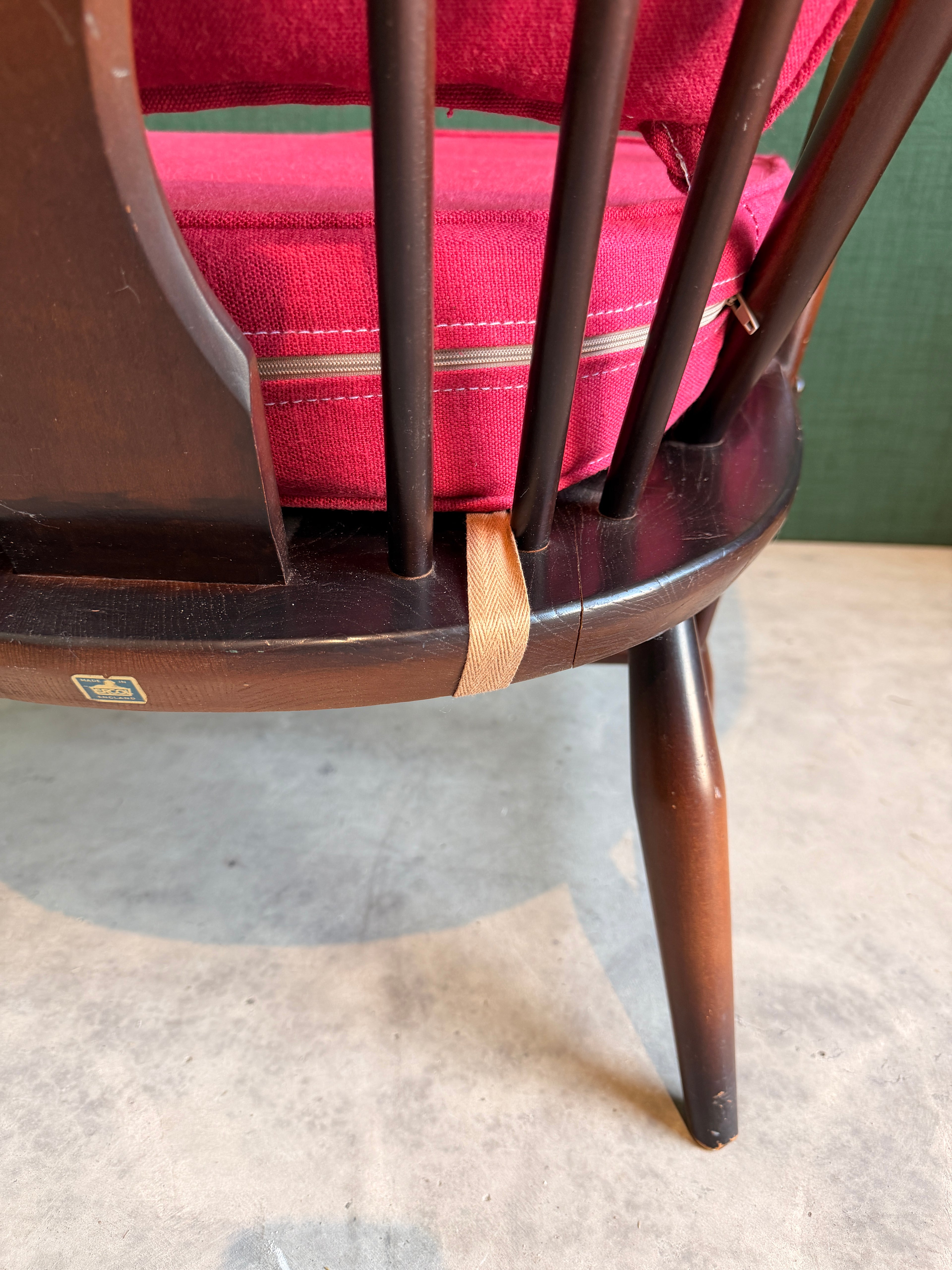 Ercol Windsor Fleur-de-Lys Tub Armchair Dark Wood and New Upholstery