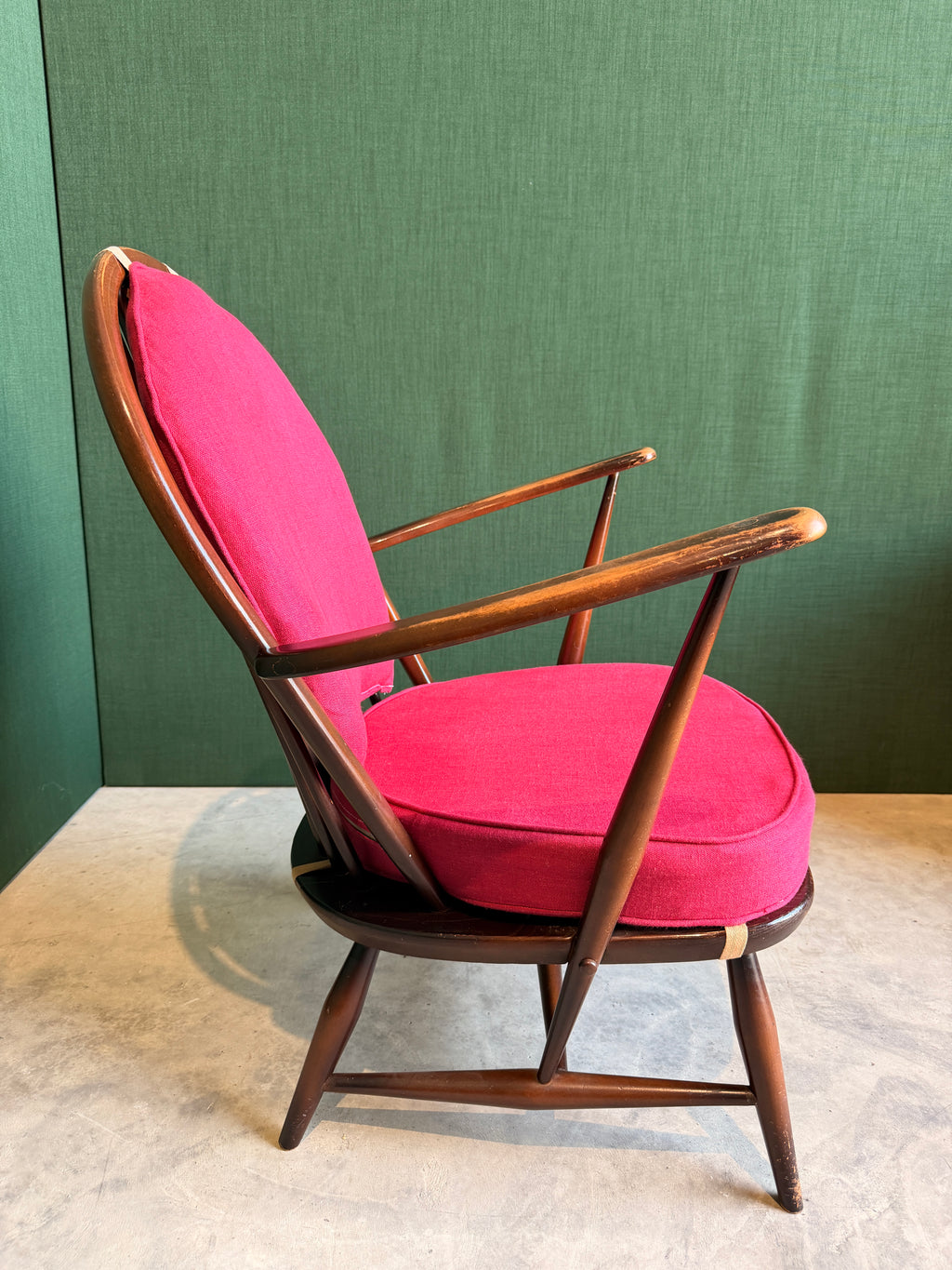 Ercol Windsor Fleur-de-Lys Tub Armchair Dark Wood and New Upholstery