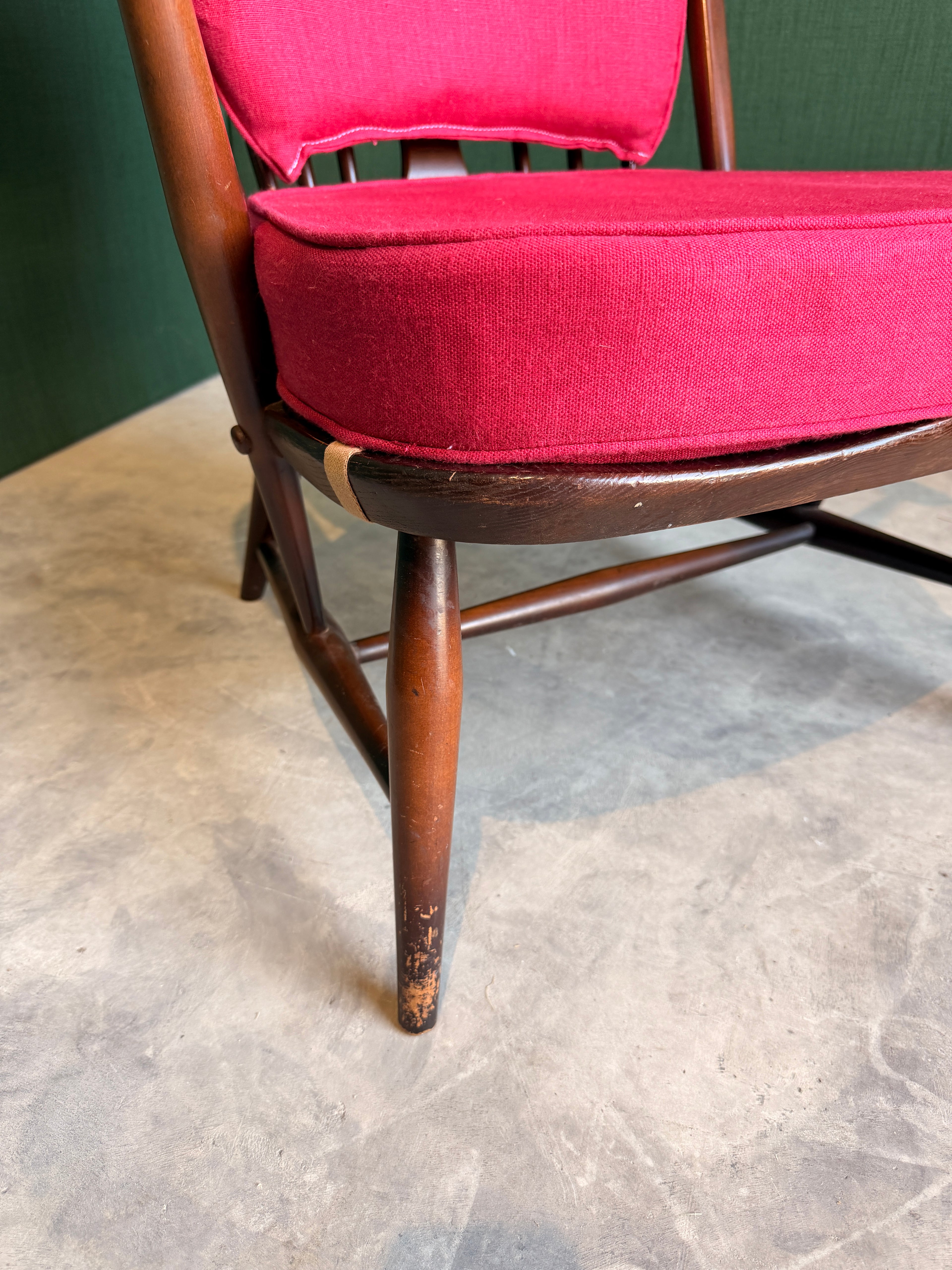 Ercol Windsor Fleur-de-Lys Tub Armchair Dark Wood and New Upholstery